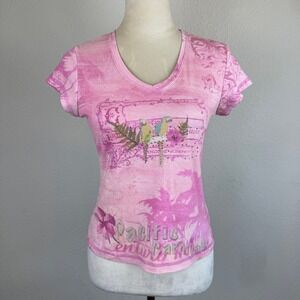 Y2K Xcit USA Pink Parrot Pacific Carnival Rhinestone V Neck Tee Womens PM
